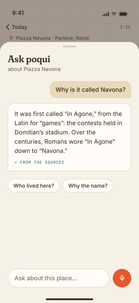 Ask poqui: “Why is it called Navona?” answered from the sources: it was first called “in Agone”, from the Latin for games
