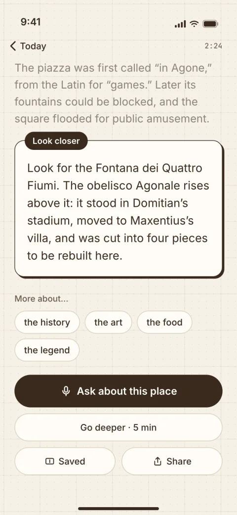 The end of a poqui story: a “Look closer” card pointing at the obelisk above the Fountain of the Four Rivers, with buttons to ask a question or go deeper
