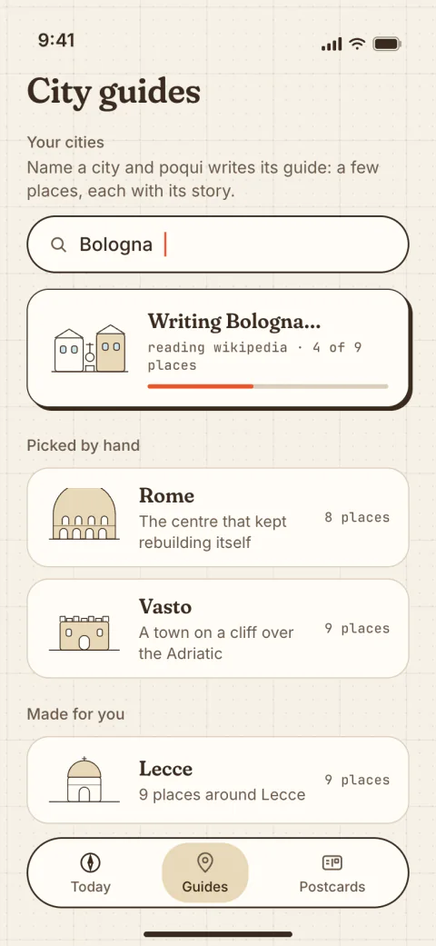poqui’s City guides screen: typing “Bologna” while poqui writes its audio guide, with the hand-picked Rome and Vasto guides below