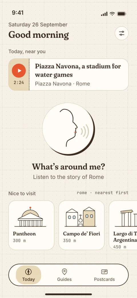 poqui’s Today screen with the talking-face button: “What’s around me? Listen to the story of Rome”