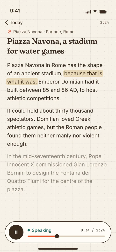 A poqui story playing: “Piazza Navona, a stadium for water games”, with the sentence being read highlighted